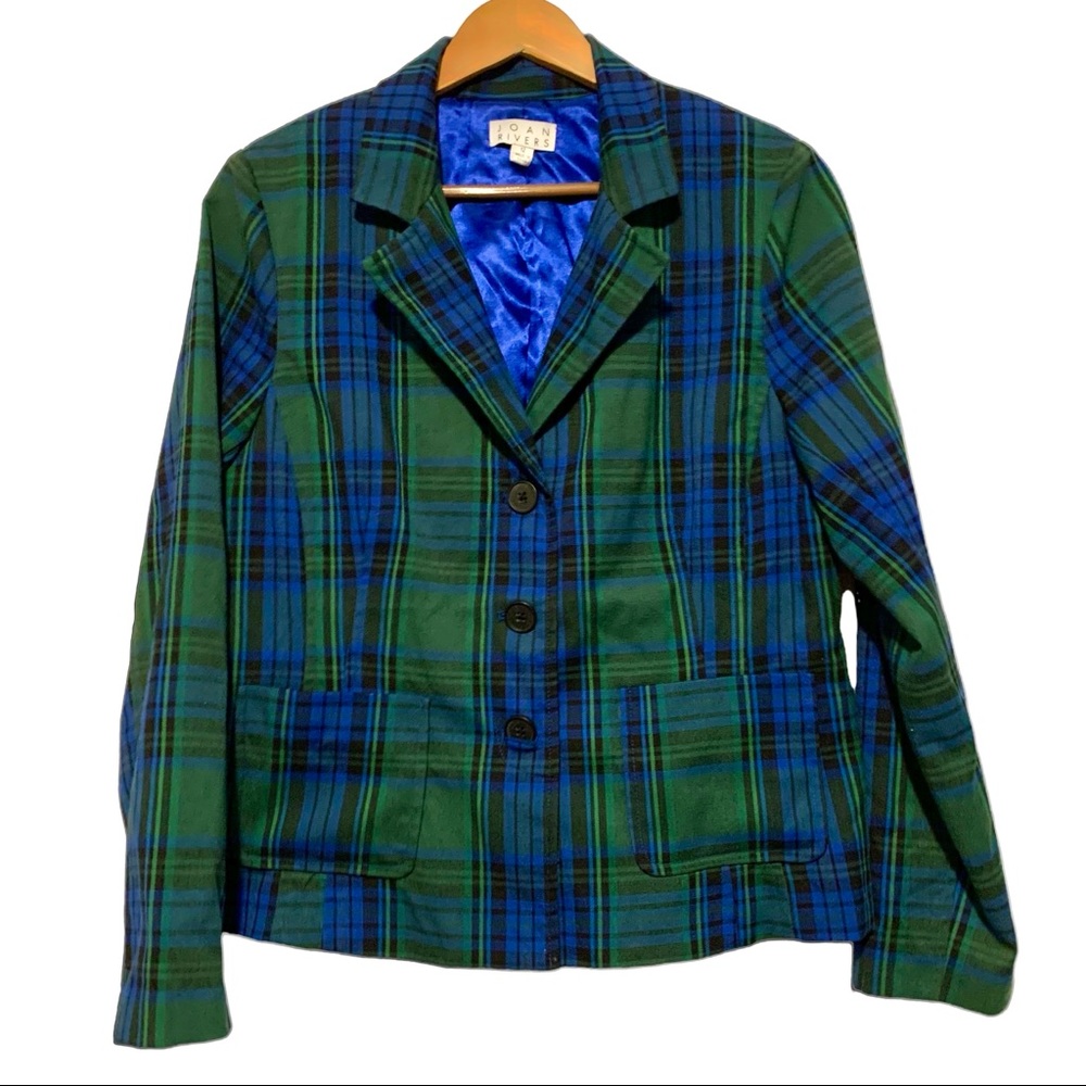Vintage Joan Rivers Blue Green Plaid Tartan Blazer Jacket 12 Academia Preppy EUC
